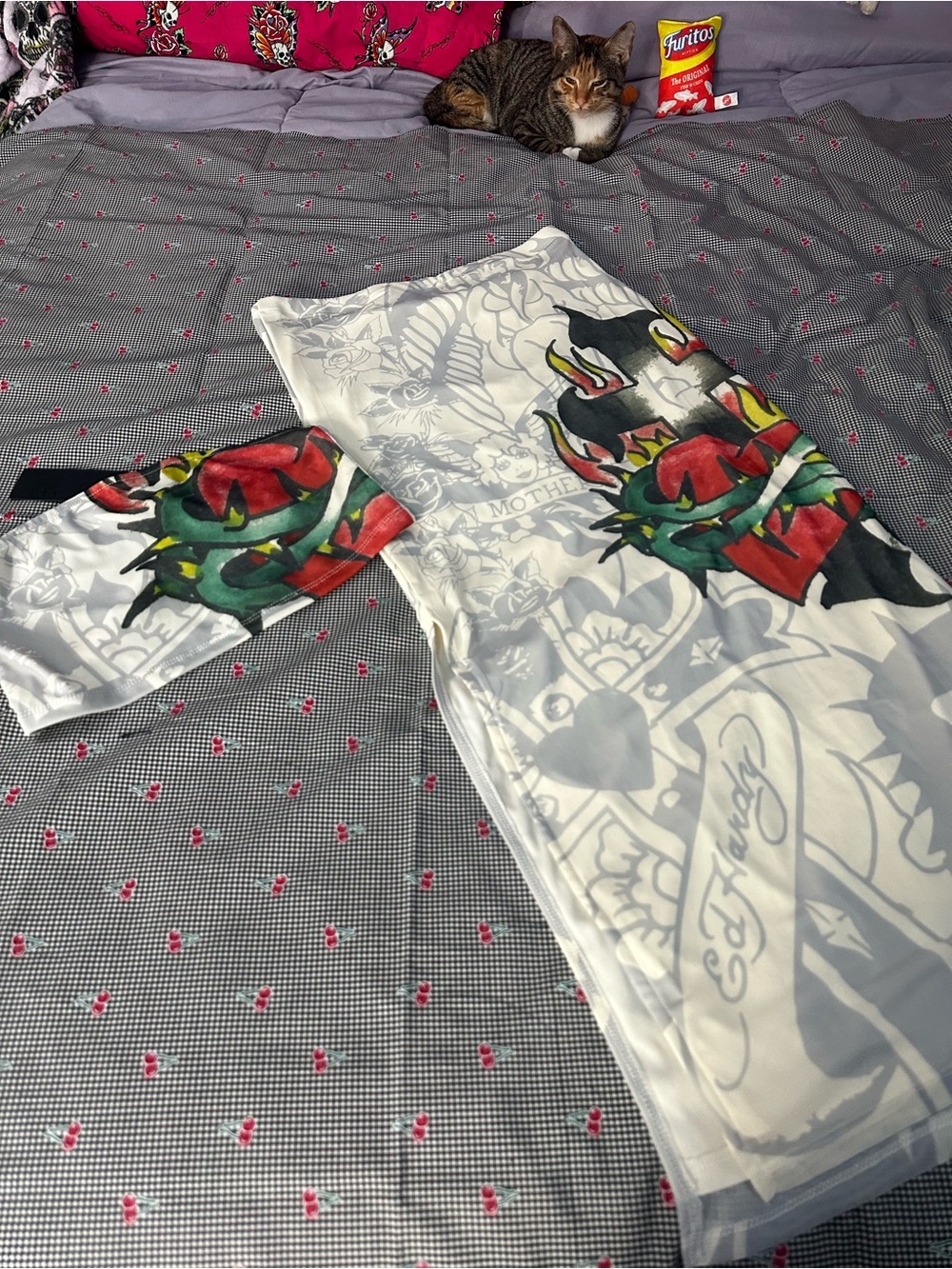 Ed Hardy White Tattoo-Print Skirt Set with Red & Green Heart Motif
